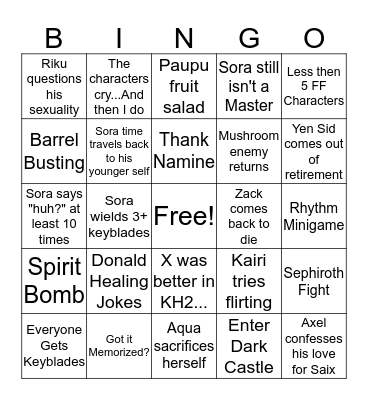 Kingdom Hearts 3 Bingo Card