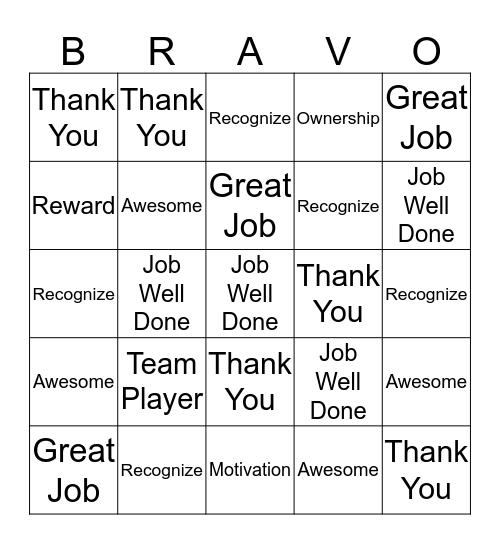 BRAVO Bingo Card
