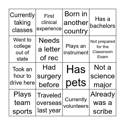 Cohort 6 Orientation Bingo Card