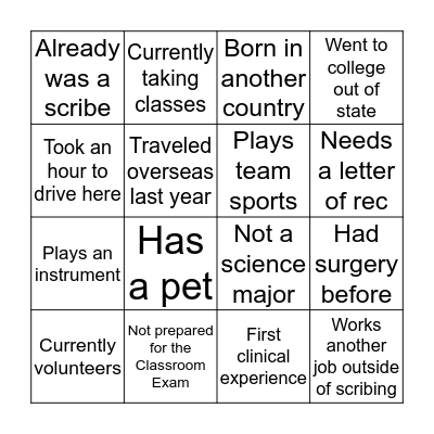 Cohort 6 Orientation Bingo Card