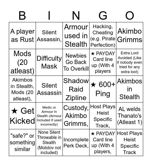 PAYDAY 2 Bingo Card