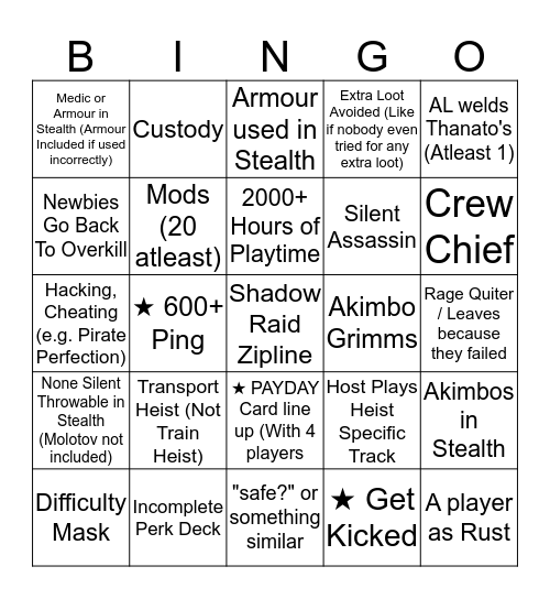 PAYDAY 2 Bingo Card