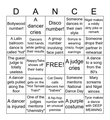 'So You Think You Can Dance' Bingo! Bingo Card