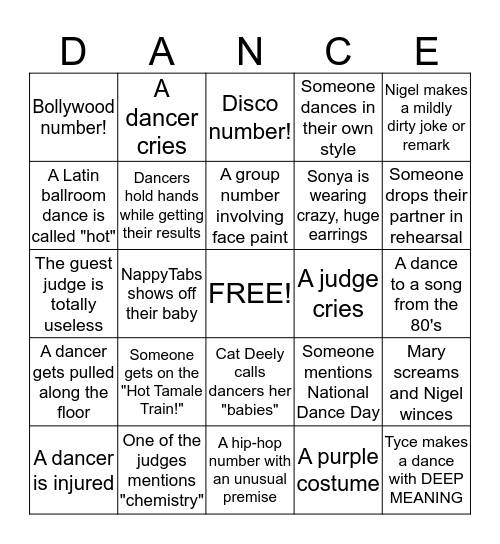 'So You Think You Can Dance' Bingo! Bingo Card