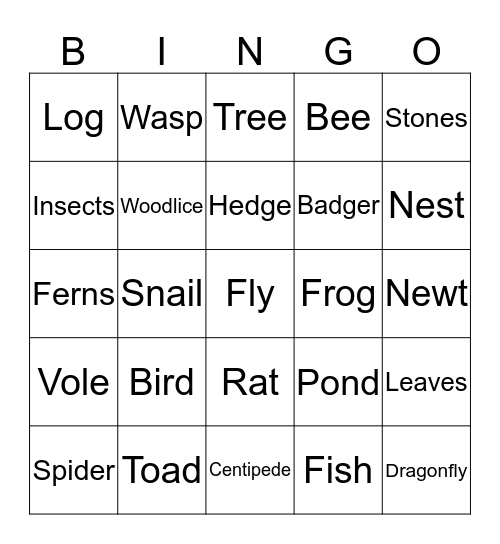 Bug / Wildlife Bingo Card