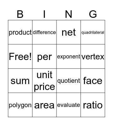 Math Vocabulary Bingo Card