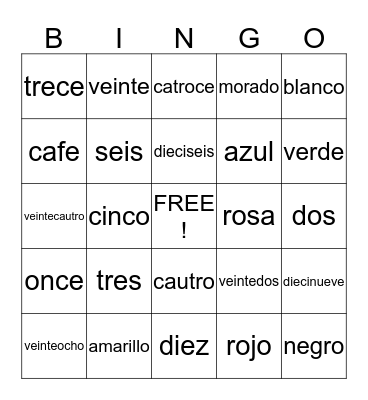 Numbers & Colors (Spanish) Bingo Card