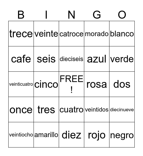Numbers & Colors (Spanish) Bingo Card