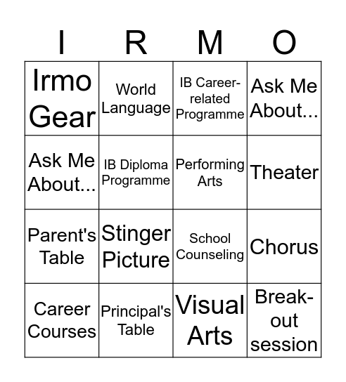 Irmo Open House Bingo Card