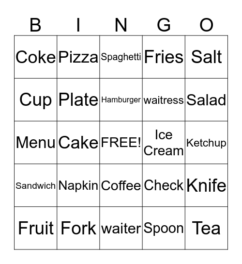 Restaurant Bingo Card