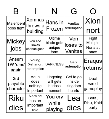Kingdom Hearts 3 Bingo Card