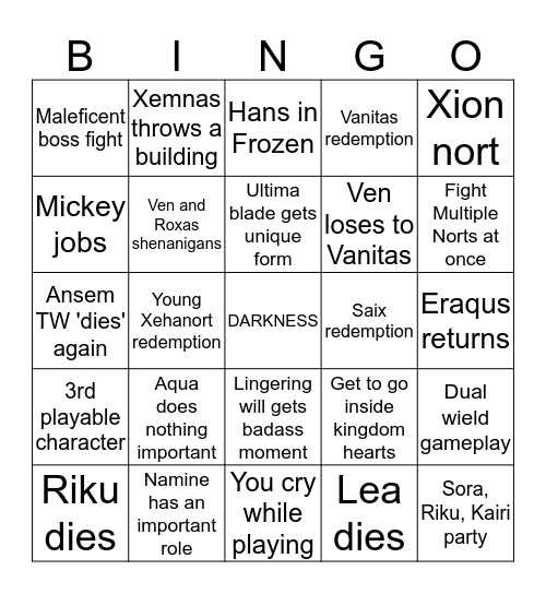 Kingdom Hearts 3 Bingo Card