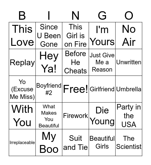 Singo 2000's hits Bingo Card