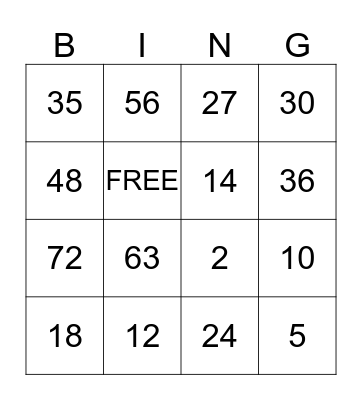 Multiplication Bingo Card