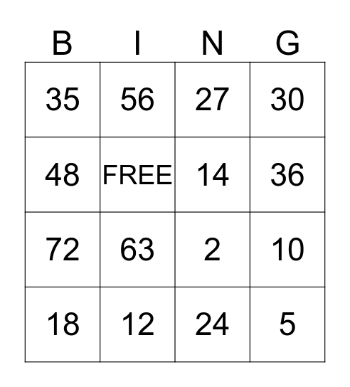 Multiplication Bingo Card