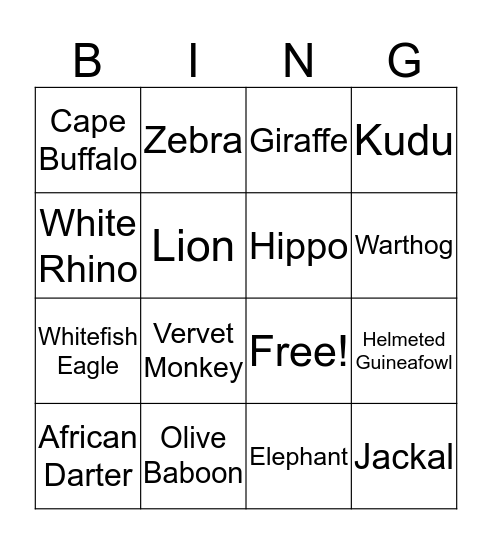 African Safari Bingo Card