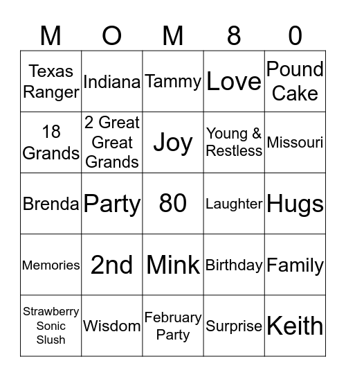 80 & Fabulous  Bingo Card