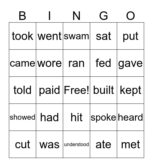 Irregular verbs bingo Card