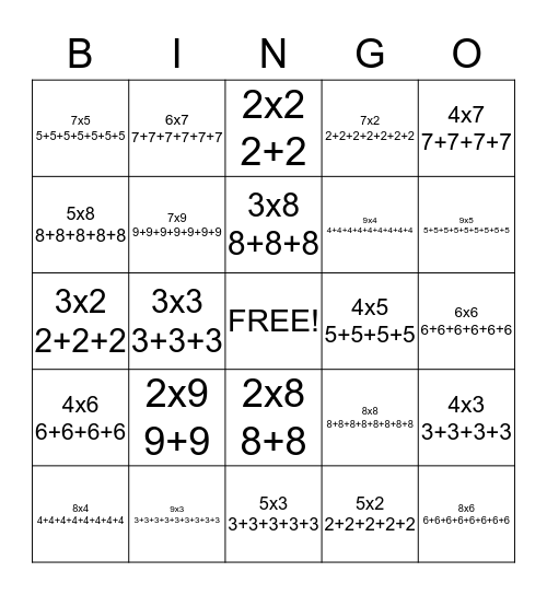 Repeated Addition/Multiplication Bingo Card