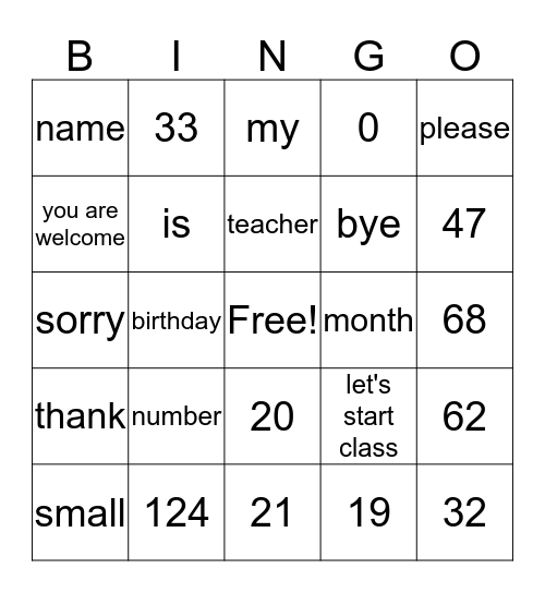 name, phone,birthday,big,small,month,classroom expressions Bingo Card