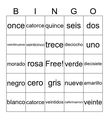 Spanish Colors/Numbers Bingo Card