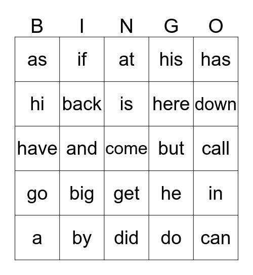 Snap Words List A Bingo Card