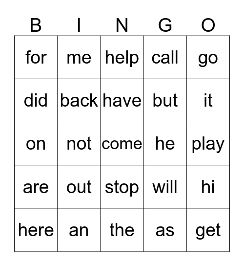 Snap Words List A Bingo Card