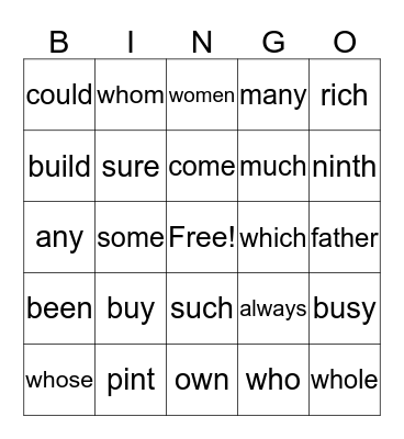 Sight Words #2 Bingo Card