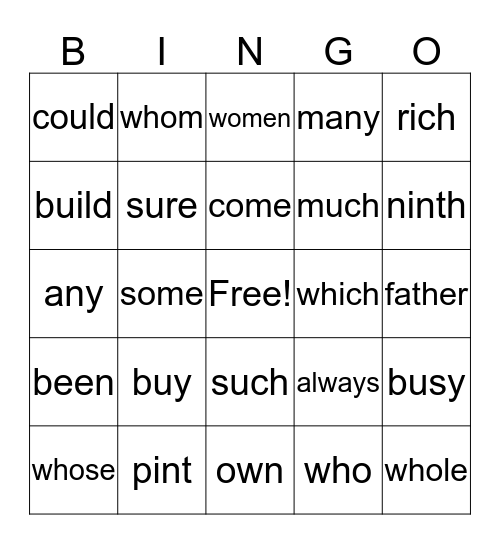 Sight Words #2 Bingo Card