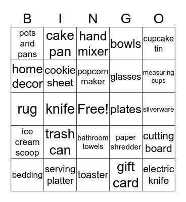 Arrica's Bridal Shower Bingo Card