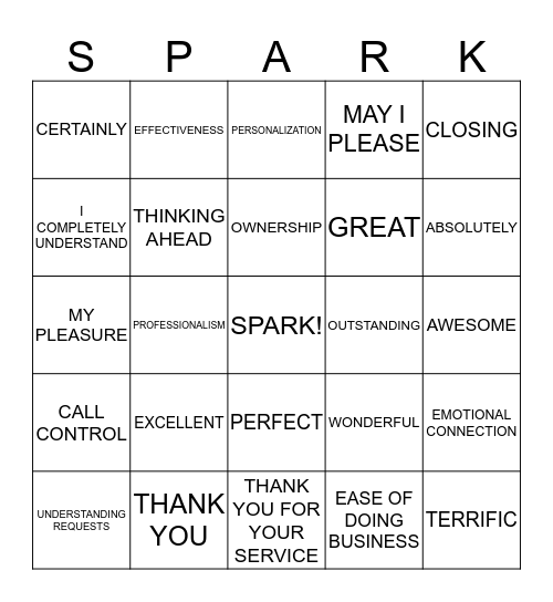 SPARK Bingo Card