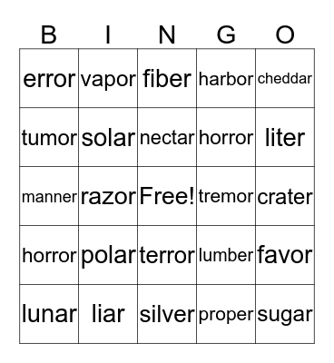 Unaccented Final Syllable-ar,or,er Bingo Card