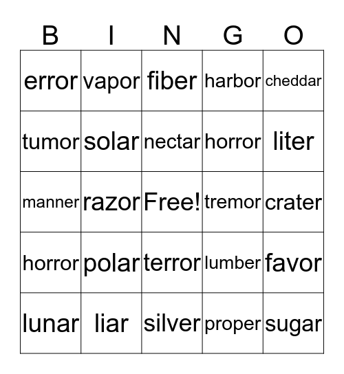 Unaccented Final Syllable-ar,or,er Bingo Card