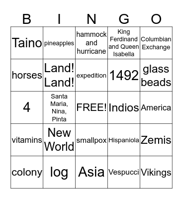 Sea Route to the Indies Bingo Card