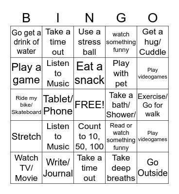 Coping Skills Bingo Card