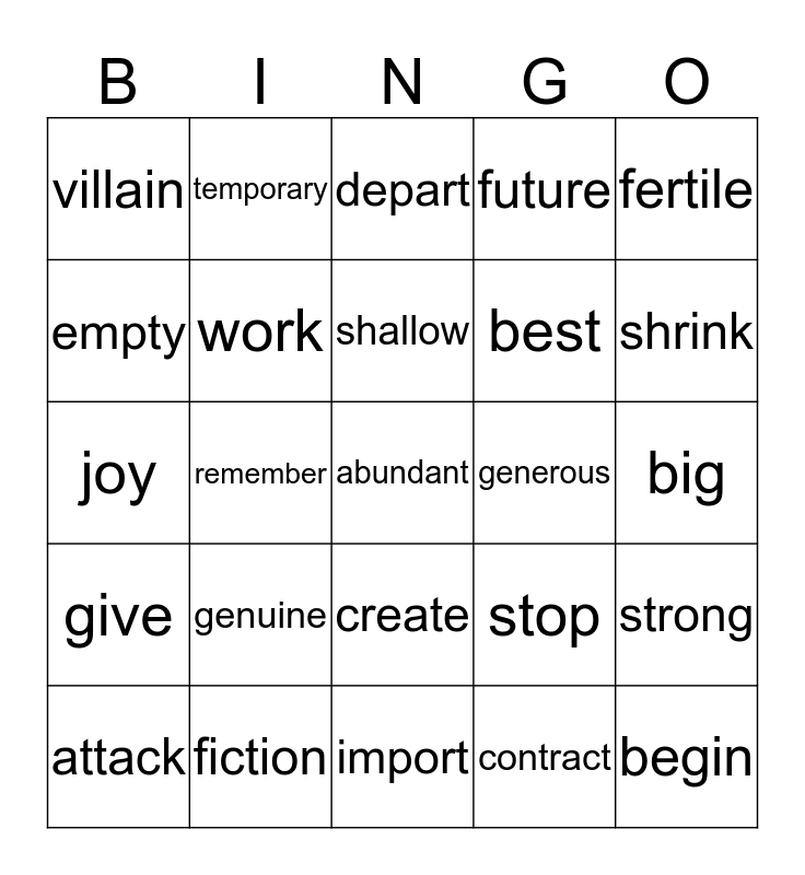 Antonyms Bingo Card