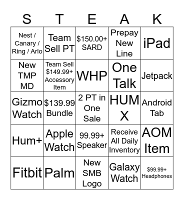 Steakhouse BINGO Card