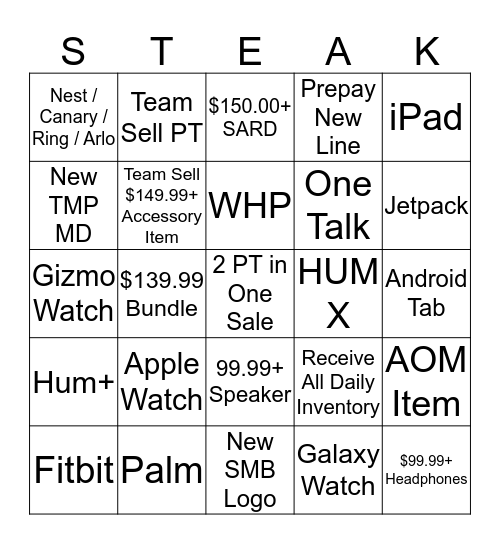 Steakhouse BINGO Card