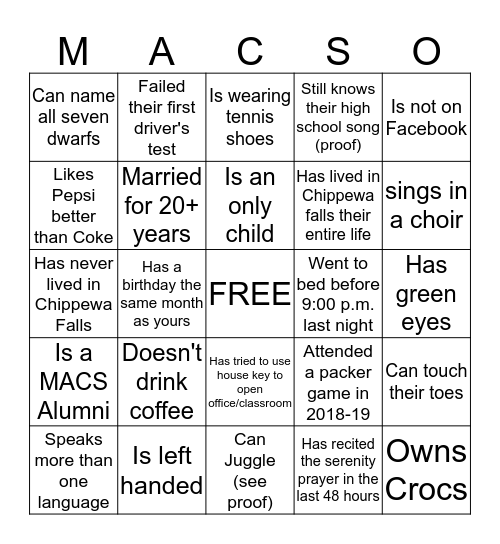 MACS BINGO Card