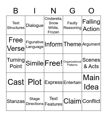 READING GENRES Bingo Card