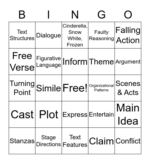 READING GENRES Bingo Card