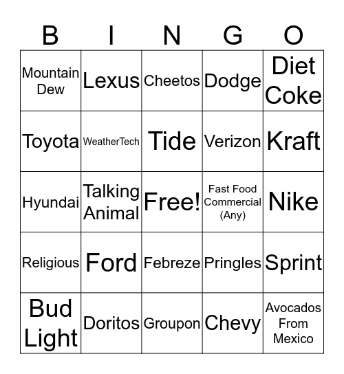 Super Bowl Commercial BINGO Card