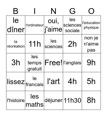 Les subjects d'ecole et les temps Bingo Card