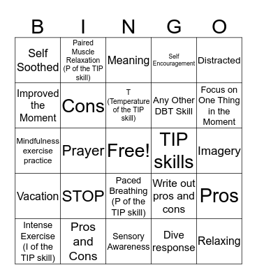 Distress Tolerance Bingo Card