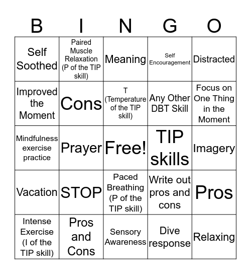 Distress Tolerance Bingo Card