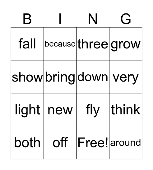 Sight Word Bingo Card