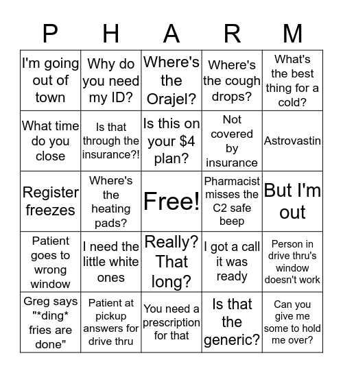 PHARMACY LIFE Bingo Card
