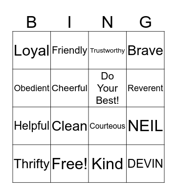 Scout Law Bingo Card