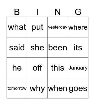 Sight Words Week 1 Bingo Card
