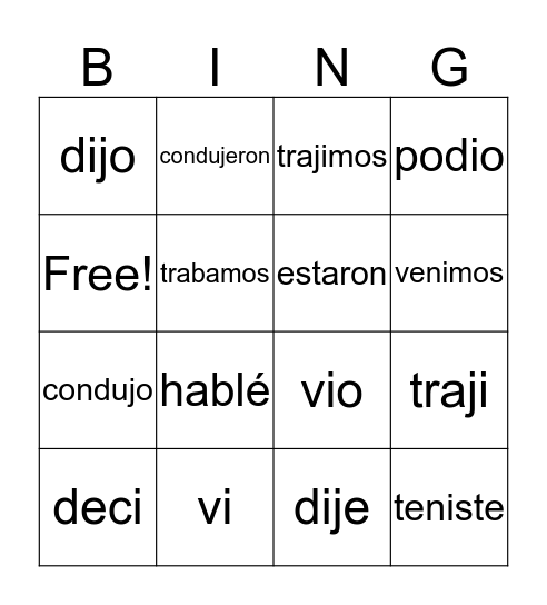 Preterite Irregular Verbs Bingo Card